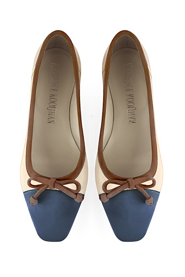 Denim blue, gold and chocolate brown women's ballet pumps, with low heels. Square toe. Flat flare heels. Top view - Florence KOOIJMAN